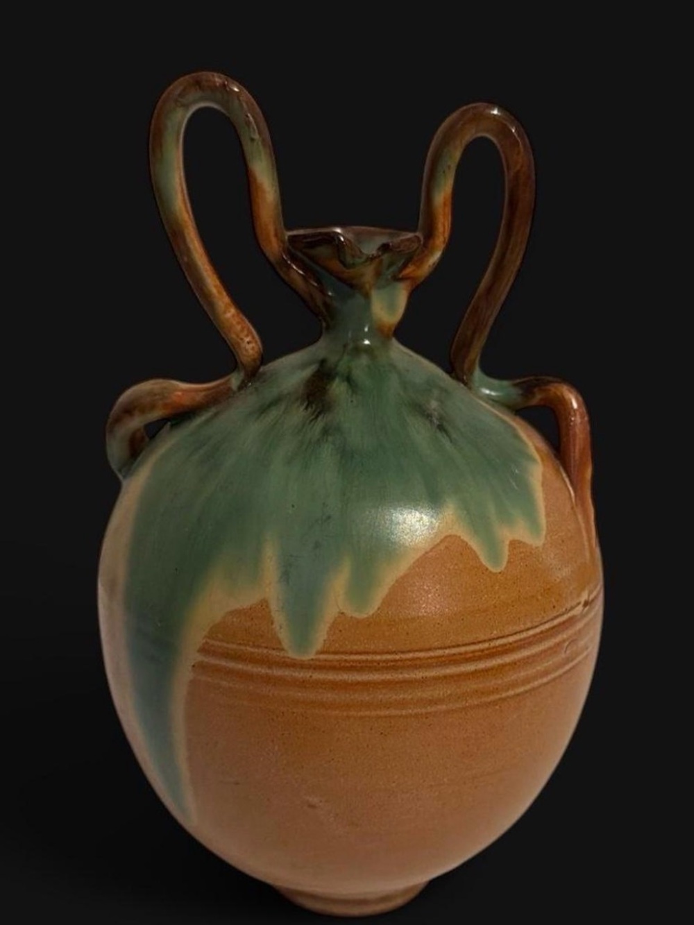 Vtg Spanish Botijo Clay Water Jug ArtNouveau Green Drip Glaze 4 Handles Vase 8”
